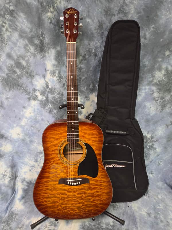 2002 Oscar Schmidt by Washburn OG2QHS Foto Flame Quilted Top Dreadnought Acoustic Guitar New Strings Pro Setup Roadrunner Gigbag image 1