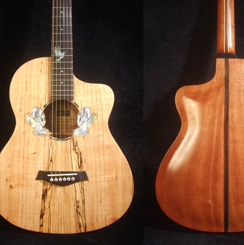 Handmade ArchBack Travel Guitar Solid Spalted Maple, Mahogany, Cutaway, Angel Inlay, Soft-bag Bruce Wei LTG-002 image 1