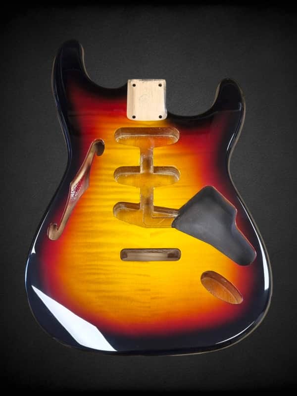 Stratocaster body F hole, 3-tone sunburst, flamed, gloss varnish image 1