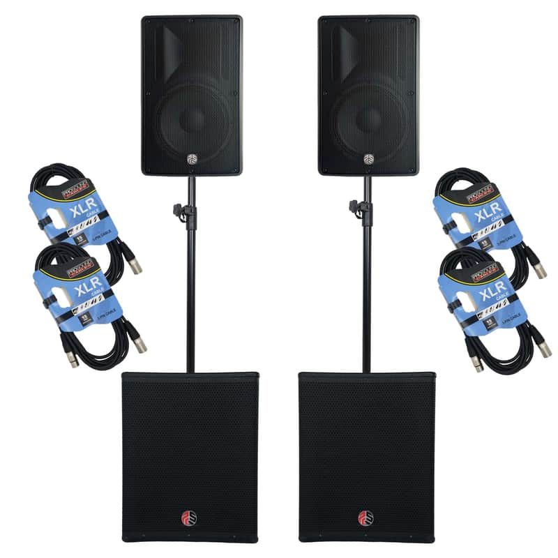 (2) PSG Audio Cobra 15" 1600 Watt, (2)PSG Audio CHAOS 18 2400 Watts Sub, (2) Poles, (4) XLR Cables Bundle image 1