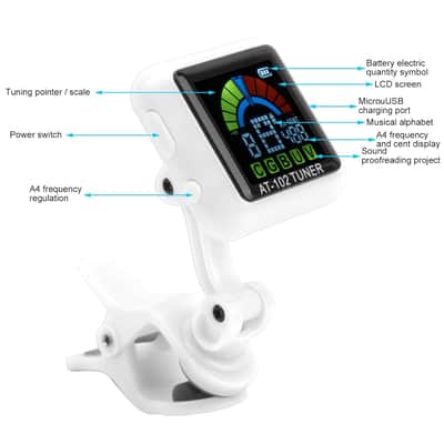 Usb Rechargeable Clip On Tuner For Electric Guitar Violin Ukulele With Color Display(At-102 White) image 2