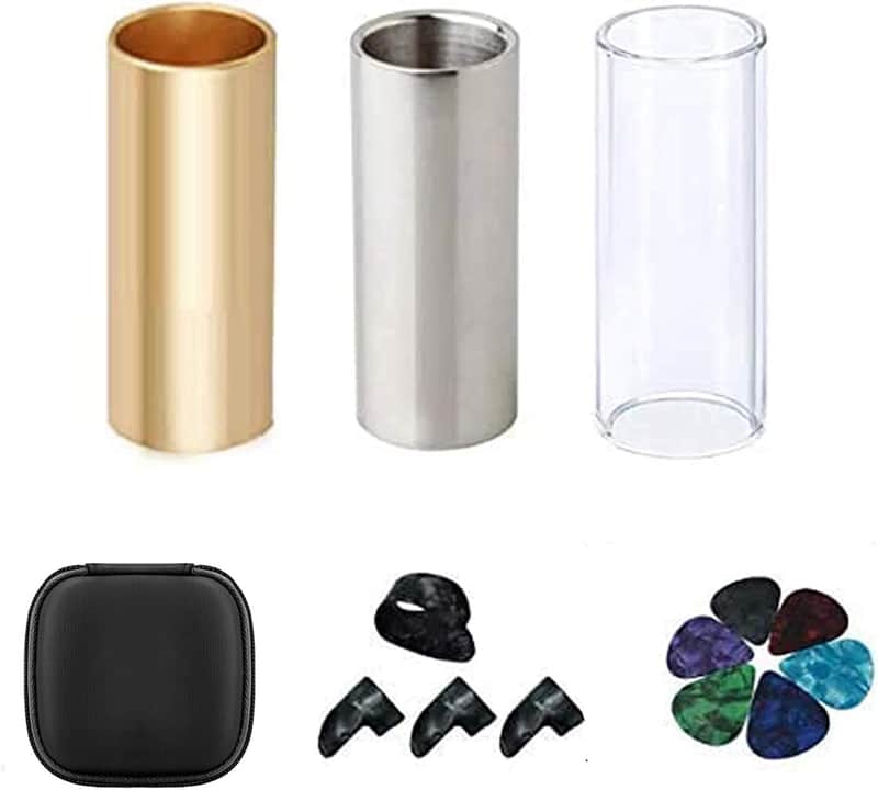 Guitar Slide, Set of 1 Glass Slide, 1 Steel Slide and 1 Brass Guitar Slide, Bonus 6 Pcs Guitar Picks, and 4 Finger Picks image 1