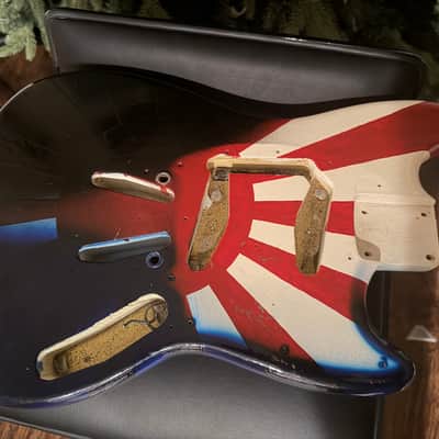 1965 Fender Mustang Vintage Original Japanese Flag Refin Over Olympic White Rising Sun Electric Guitar Body w/ Pickguard image 6