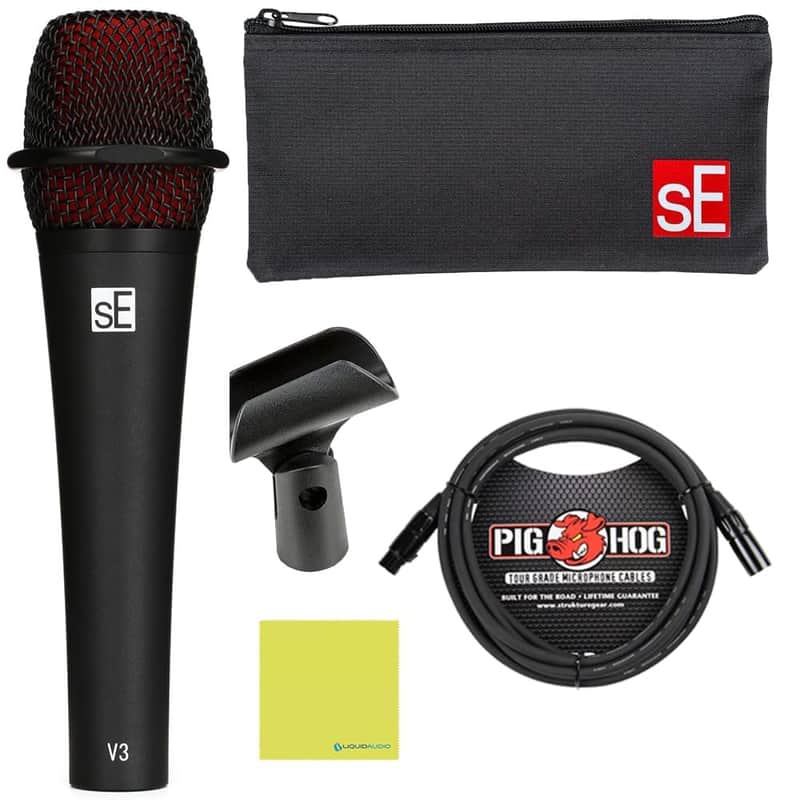 Liquid Audio sE Electronics V3 Cardioid Dynamic Vocal Microphone Bundle w/Pig Hog PHM10 8mm Mic Cable Polishing Cloth image 1