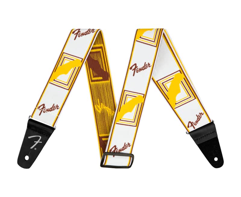 Fender 2" WeighLess Monogram Guitar or Bass Strap, Yellow and White image 1