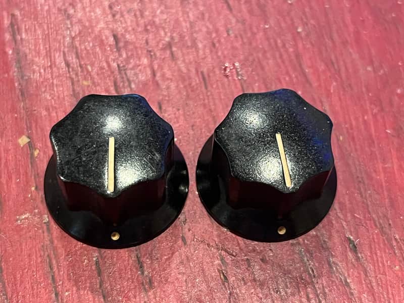 1965 Fender Mustang Vintage Electric Guitar Control Knobs – Original ’60s Matching Large Skirted Volume & Tone Black S-647 Plastic Knob Pair w/ Set Screws Jazz Bass Jaguar (1962-1972) image 1