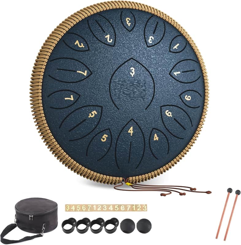 Steel Tongue Drum 12 Inch 15 Notes, Steel Drums Instruments for Kids Adults, Hand Pan Drum with Music Book, Drum Mallets and Carry Bag, Handpan C Major, Navy Blue image 1
