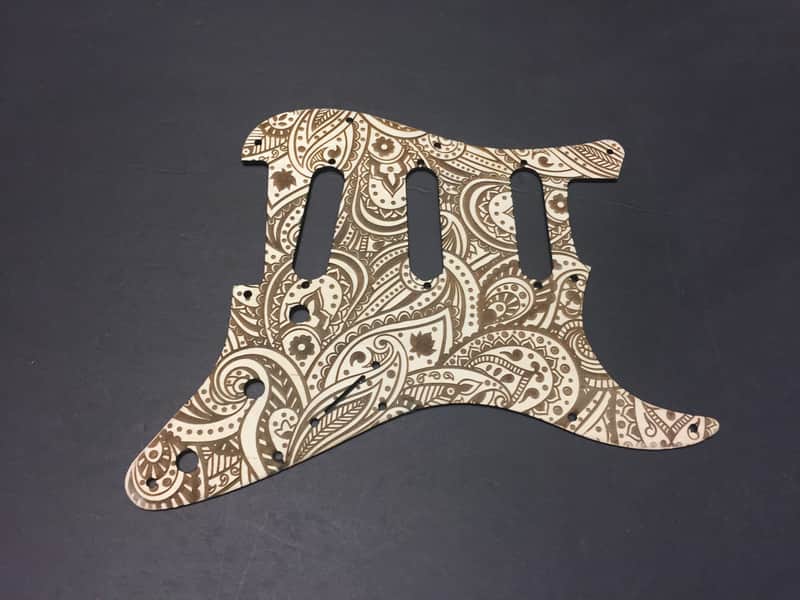 Raw paisley laser engraved wood pickguard for stratocaster plus vinyl guitar case sticker image 1