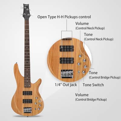 Glarry 44 Inch GIB 4 String H-H Pickup Laurel Wood Fingerboard Electric Bass Guitar with Bag and other Accessories 2020s - Burlywood image 6