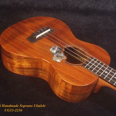 Handmade Soprano Ukulele, Solid Hawaiian Koa, Hibiscus Inlay, Soft-bag, Bruce Wei UG13-2236 image 8