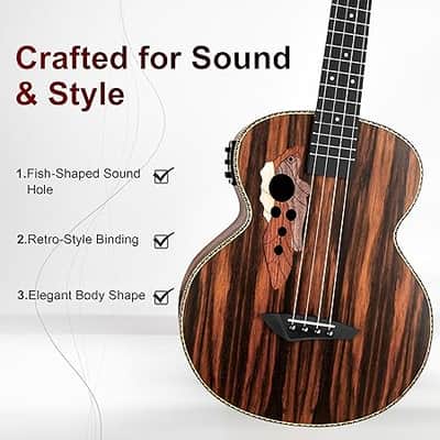 Ebony Wood Baritone Ukulele 30inch Wood LCD Color Display Electric Ukelele Kit Hawaiian Beginner Guitar Starter Pack Bundle Gig bag, Strap, Strings Set image 2