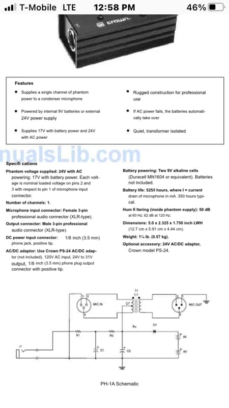 24v or 17.5v microphone phantom supply runs on 24vdc or two 9v batt PH-1A image 1