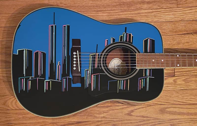 Washburn 6-String Acoustic Guitar - Custom-painted Neon New York City Skyline
