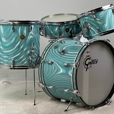 Gretsch 20/12/14/5.5x14" Progressive Jazz 60's Round Badge Drum Set - Aqua Satin Flame image 2