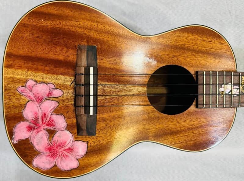 Baritone Ukulele Handmade by Blueberry,4 String Wood Floral Motif Ukulele ,Custom Handcrafted Wooden Ukulele,Nylon String image 1