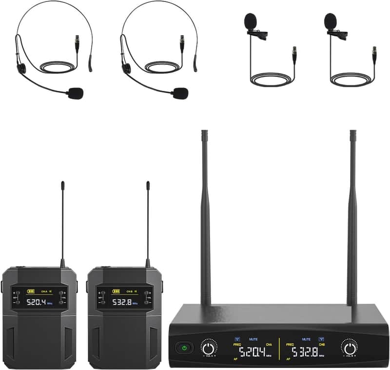 UHF Wireless Microphone System w/ 2x30 Tunable Frequencies, Metal Cordless Mic Set, 200 ft Range, 2 Bodypacks & Headsets/Lapel Mics for Speaking, Singing, Church, DJ image 1