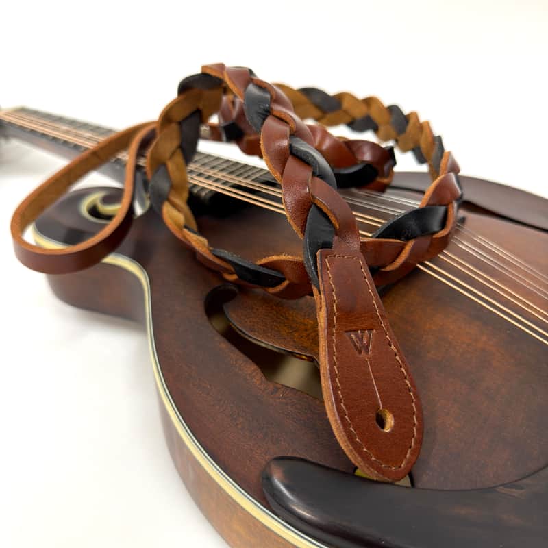 Walker And Williams M-61-CHT/BLK Throwback Series Chestnut Tan And Black Grain Leather "Braid" Mandolin Strap image 1