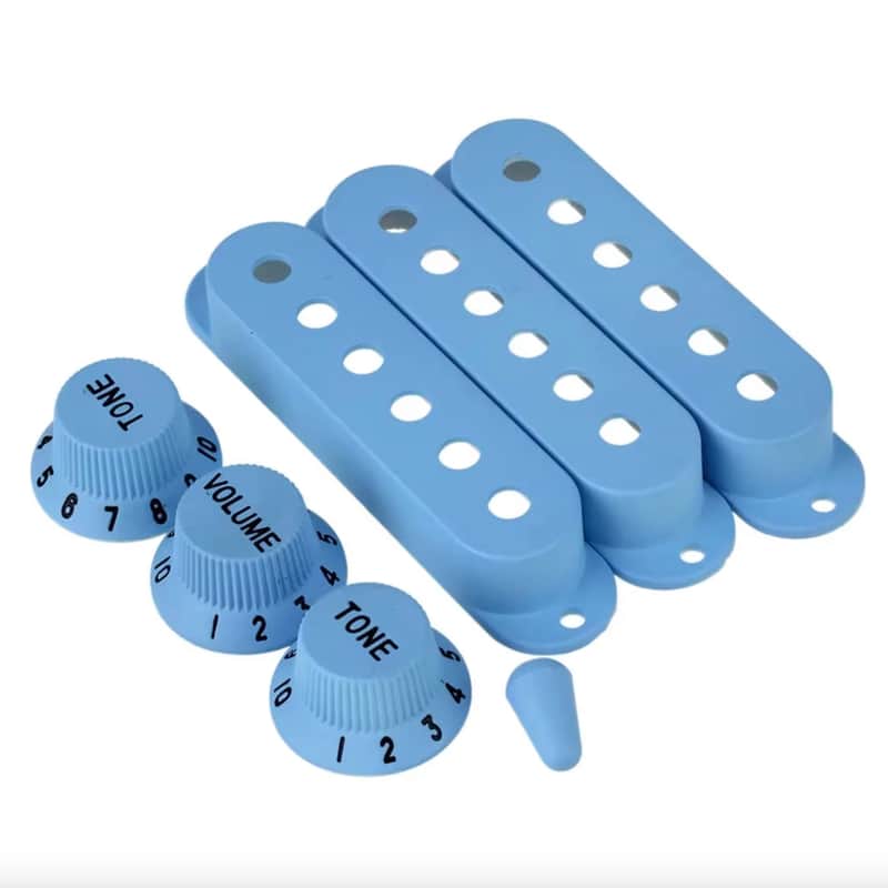 Light Blue Guitar Strat Style Single Coil Pickup Covers, Knobs, Switch Tip image 1