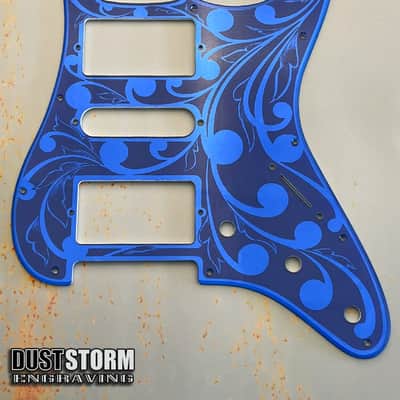 Glossy Black XGP Stratocaster Style Laser Engraved Guitar Body with Royal Blue Acrylic Mirror Pickguard and Tremolo Cover HSH, HSS, SSS Setups Available image 2
