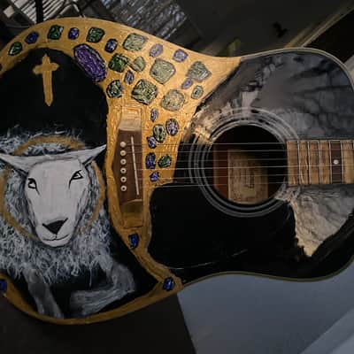 Custom Hand Painted Ibanez Deadnaught Guitar with Medieval Angus Dei Lamb of God design image 3