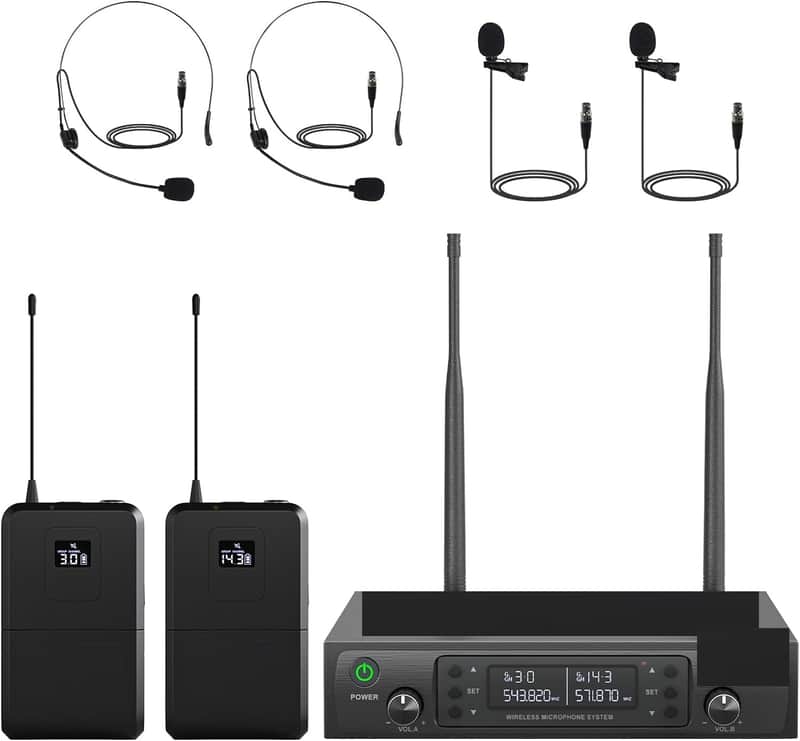 Dual UHF Wireless Microphone System，Auto-Scan Cordless Mic Set w/ 2x100 Frequencies, 2 Bodypacks & Headsets/Lapel Microphones for Speaking, Singing, Church, DJ image 1