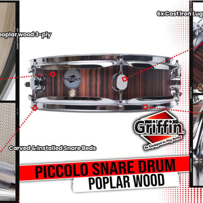 GRIFFIN Piccolo Snare Drum - 13 x 3.5 Black Hickory Poplar Wood Shell Percussion image 12