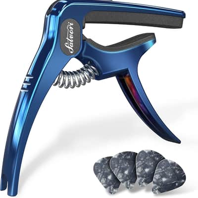 Salvori Exclusive Gradient 'Blue-Plated' Heavy-Duty Guitar Capo for Acoustic/Electric Guitar with 4 Picks, Guitar Clip/Guitar Clamp/Guitar Accessories for Classical Guitar, Ukulele, Mandolin and Banjo image 1