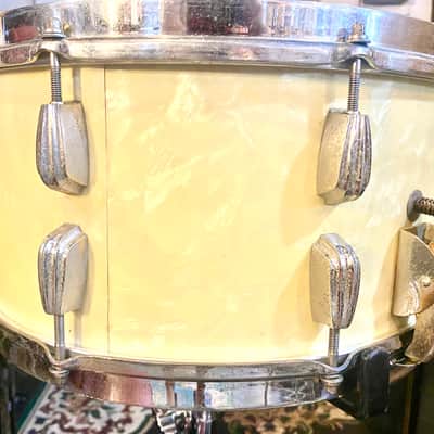 1940s Slingerland Super Gene Krupa Radio King 7x14” 16-Lug Solid Maple Snare, Aluminum War Time Badge - White Marine Pearl image 11