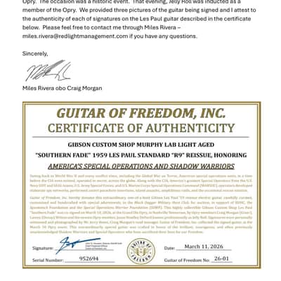 Fundraiser for Veterans!  LAINEY WILSON, JELLY ROLL, CRAIG MORGAN Signed Gibson Custom Shop Murphy Lab 1959 Les Paul Standard (R9) Ultra Light Aged image 8