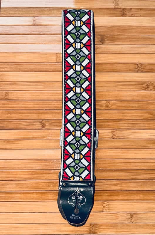 Vintage Ace “Stained Glass” Guitar Strap – 1960s USA – Red / Green Diamond Pattern Hendrix Gilmour Clapton image 1