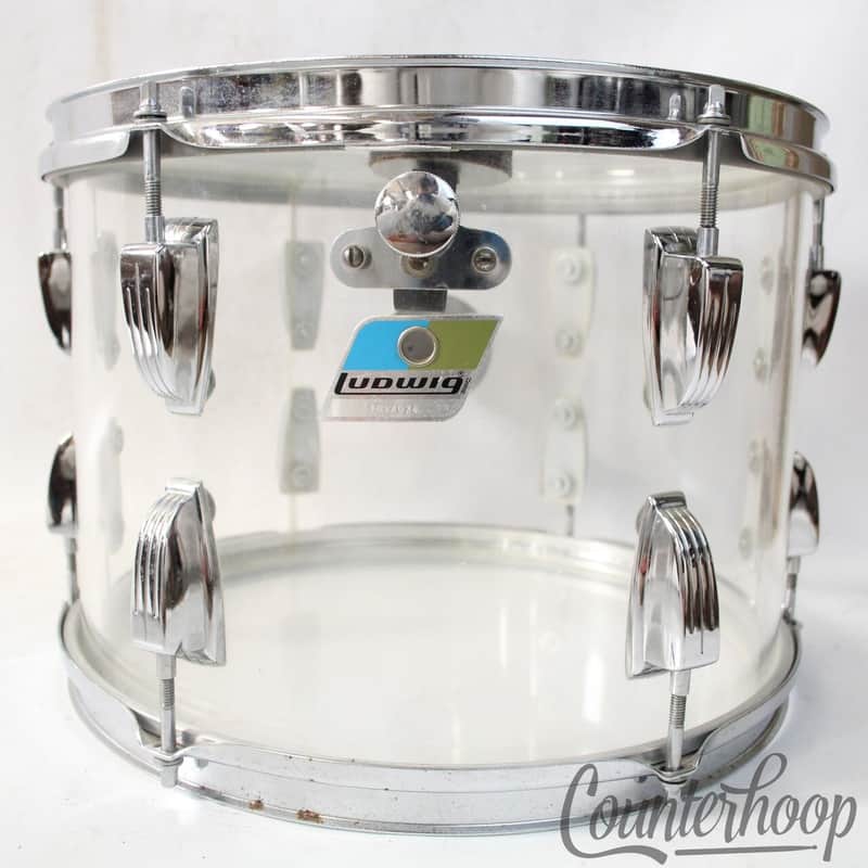 *Ludwig 13x9" Vistalite Clear Tom Drum Vintage 70s Blue/Olive Badge Double-Sided image 1