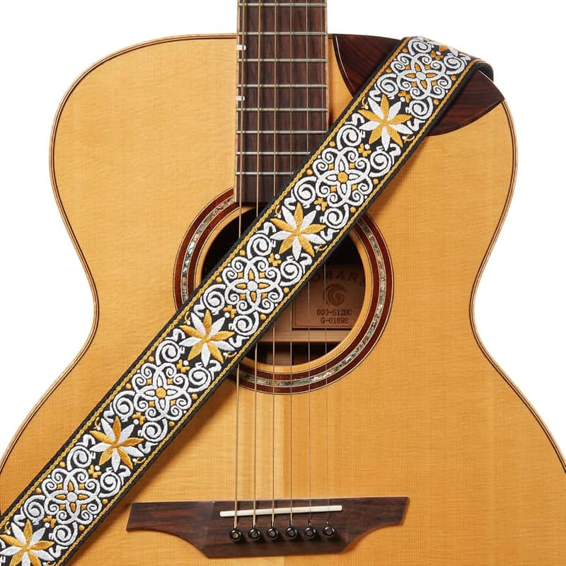 Hootenanny Embroidery Guitar Strap Yellow Cotton For Acoustic, Electric And Bass Guitars With Strap Blocks & Headstock Strap Tie - 2" Wide image 1