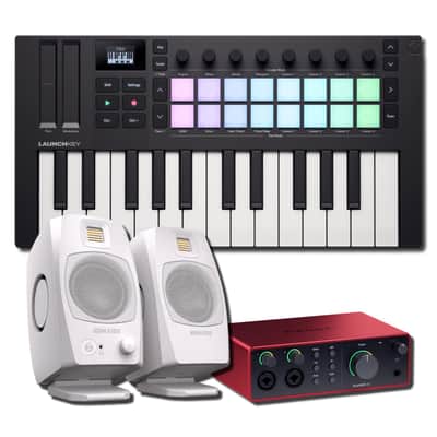 Novation Launchkey Mini 25 MK4 25-Key Mini MIDI Keyboard Controller All-White Studio Bundle with ADAM Audio D3V White Active Desktop Monitors (Pair) and Focusrite Scarlett 4i4 4th Gen USB-C Audio Interface