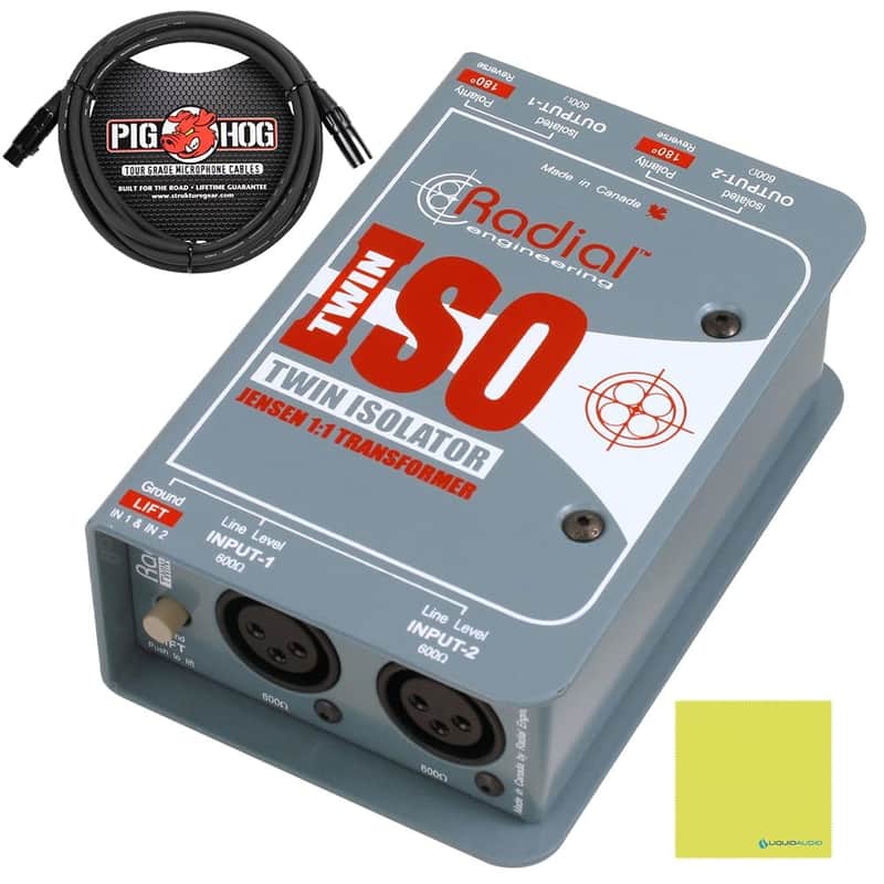 Radial Engineering Twin-Iso Two Channel Line Level Isolator Bundle w/Pig Hog PHM10 8mm Mic XLR Cable and Liquid Audio Polishing Cloth image 1