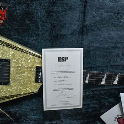 ESP Custom Shop Alexi Laiho Signature “Pearl” Pearloid Top with Black/Gold Sparkle Pinstripes Kiso Japan 2010 Namm w/OHSC image 13