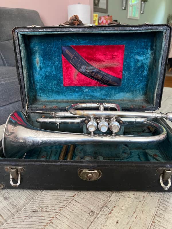 J.W. York & Sons “New Model Monarch” Cornet — c. 1908 — Silver Plate — Serial #18143 — Original Case, Mouthpiece & Maker’s Sash image 1
