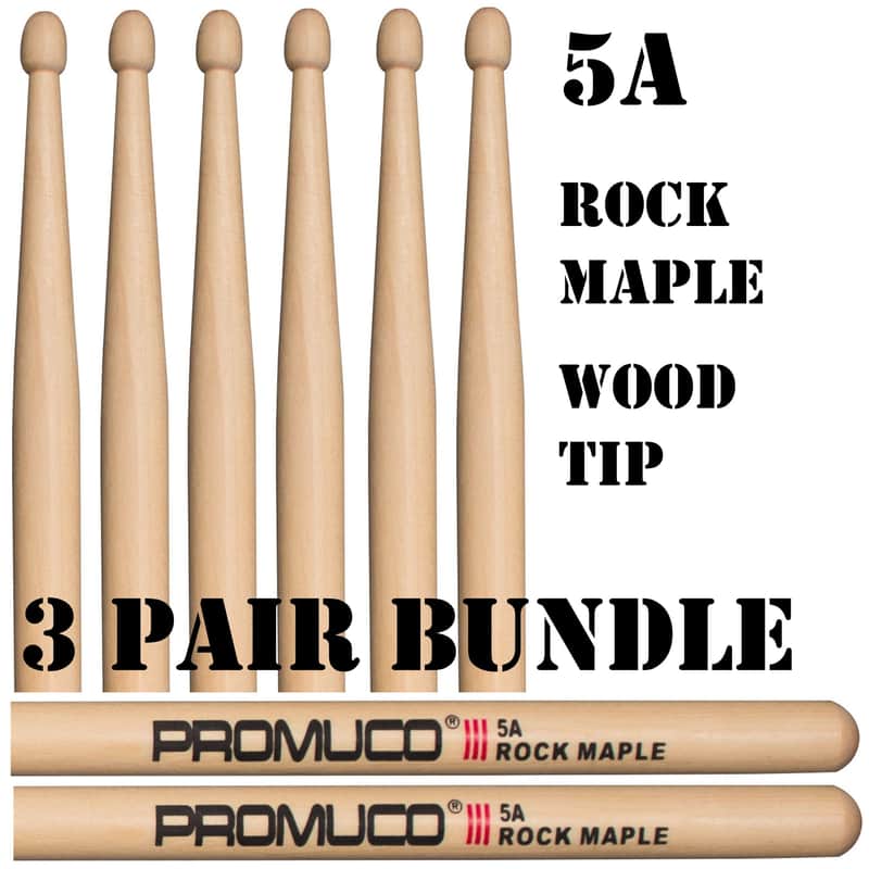 Promuco Rock Maple Drumstick Bundle 3 Pairs 5A Wood Tip image 1