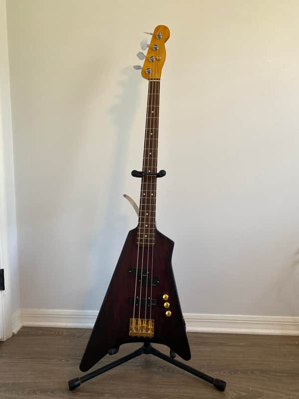 Custom Offset V Bass P/J Pickups with Precision Neck Translucent Dark Red/Maroon Sunburst image 1