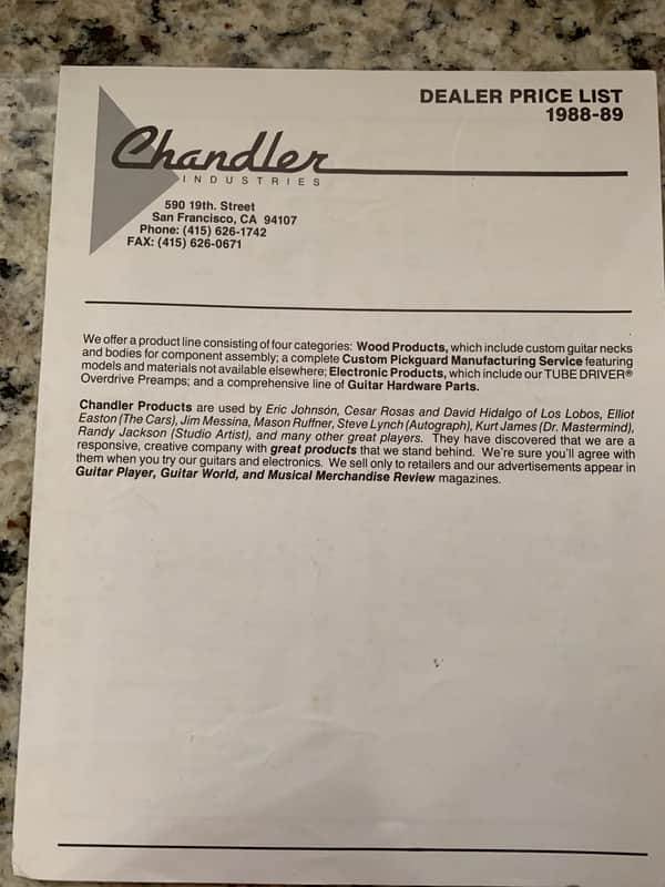 Chandler Dealer Price List 1988-1989 Tube Driver Body Neck image 1