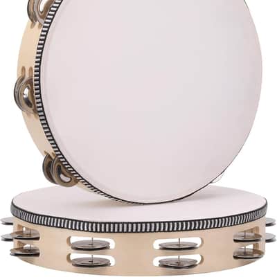2Pack 10 Inch Double Row Tambourine for Adults Wooden Hand Held Drum Bell Tambourine with Metal Jingles, Percussion Musical Instruments Hand Tambourine for Church, KTV, Party image 1