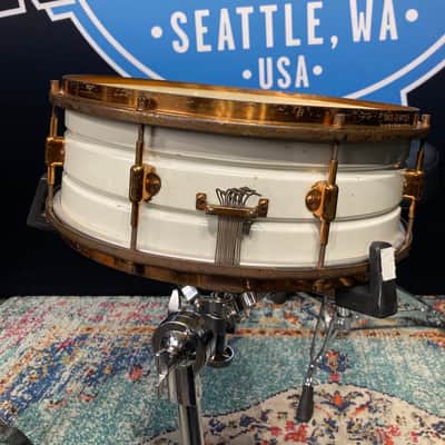 Leedy - 14x5" 8-Lug Multi-Model Snare Drum - White Lacquered Brass with Gold Hardware. 1920s image 14