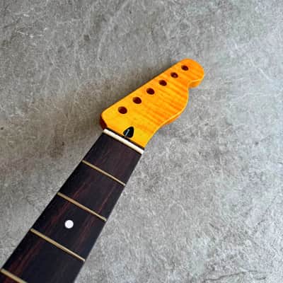 Tele Guitar Neck Yellow Flame Maple 22 Fret Rosewood Fretboard, Gloss Finish, 12" Radius image 10