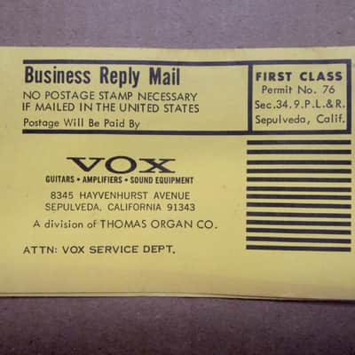 Vox Service Dept. Warranty Card 1960's image 1