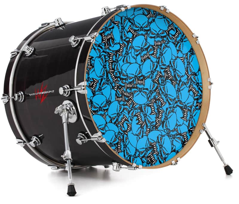 Skin Decal fits 26" Bass Kick Drums Scattered Skulls Neon Blue image 1