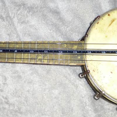 Vintage 1920s Harmony made Montgomery Ward Metal Shell Banjo Ukelele Original Gold Paint,Tuners, Nut, Top Skin Head, Adjustment Key, Banjo Uke image 7