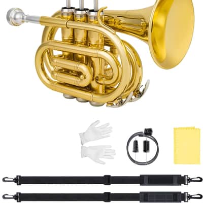 Pocket Trumpet Bb Flat - Gold Lacquer Brass Mini Trumpet Full Kit for Beginners Students with 7C Mouthpiece, Hard Case, Gloves & Cleaning Kit  (Golden) image 1