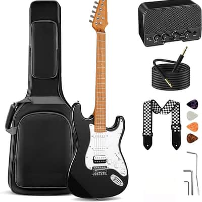 Electric Guitar Kit Beginner - 39in Guitar Set Adults with Roasted Maple Neck HSS Pickup Solid Okoume Body Electric Guitar with Gig Bag Amplifier Strap Strings Cable Picks Black image 1