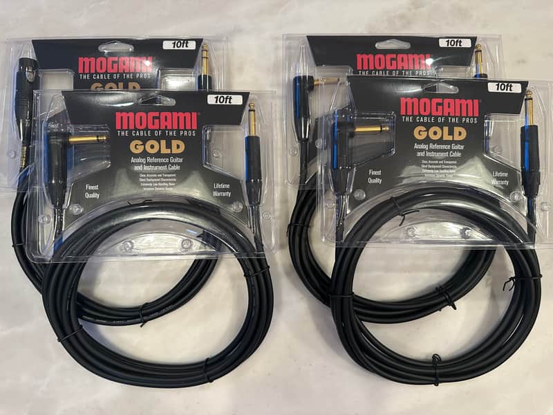 Four Mogami Gold 10’ Instrument Cables - Straight Angle 1/4" TS to Right Angle 1/4" TS image 1