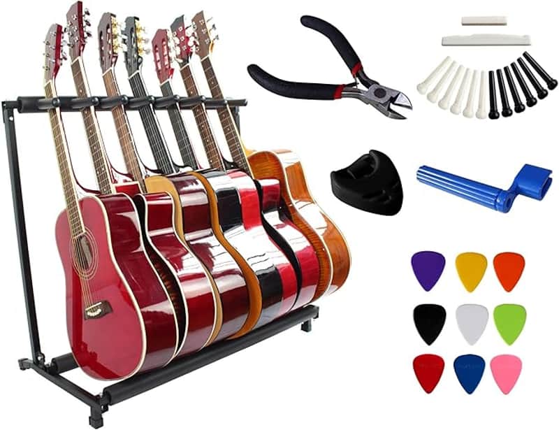 Folding Multiple Guitar Stand for Acoustic Electric Guitar Bass Rack Band Stage,Includes Picks,Pick Holder,String Winder,Bridge Pins,Nut Saddle,String Cutting Plier -7 Holders image 1