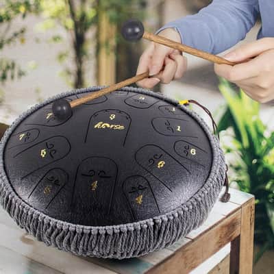 Steel Tongue Drum, Horse 14 Inch 15 Tones Tank Drum C Key Percussion Steel Drum Kit with Drum Mallets Note Stickers Finger Picks Mallet Bracket and Gig Bag(14 Inch 15 Tones Grey) image 6